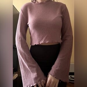 SHEIN Dusty Pink Bell Sleeve Lettuce Edge Crop Top